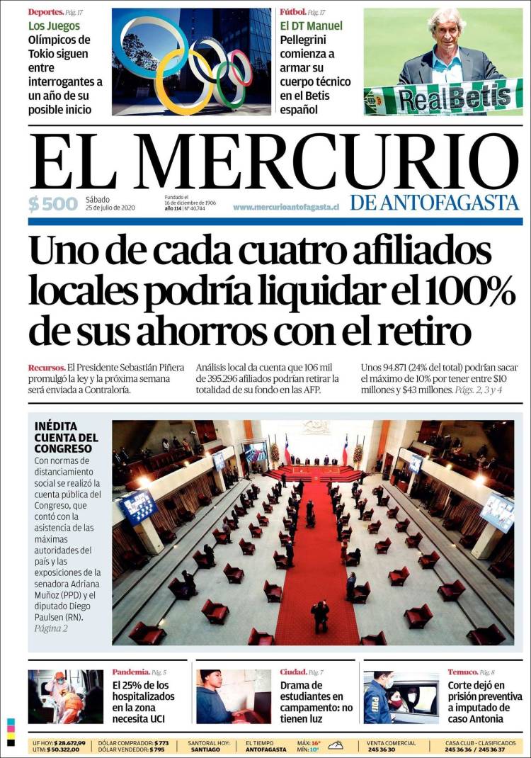 Portada de El Mercurio de Antofagasta (Chile)