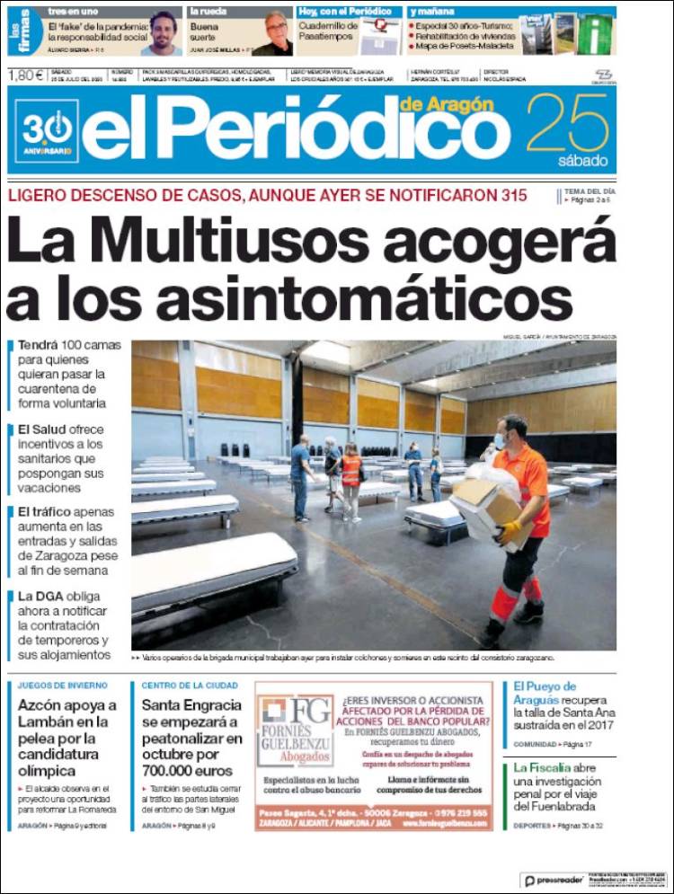 Portada de El Periódico de Aragón (España)