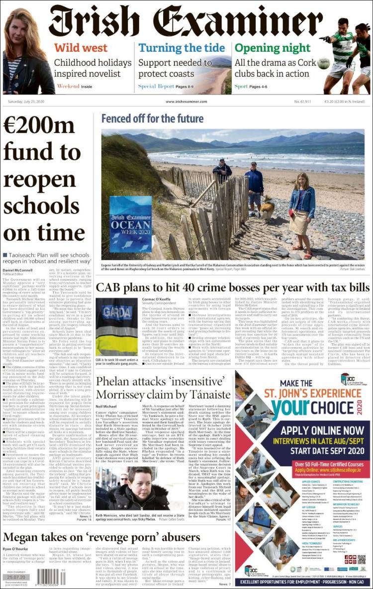 Portada de Irish Examiner (Irlanda)