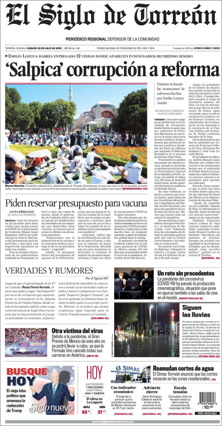 Portada de El Siglo de Torreon (M&eacute;xico)