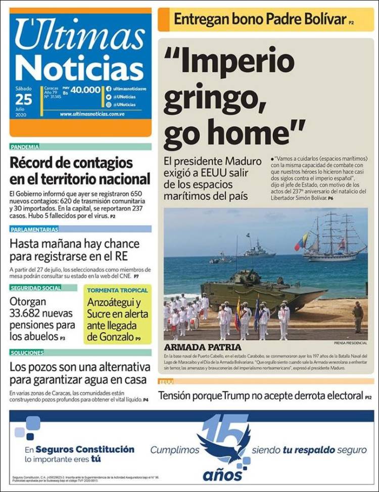 Portada de Últimas Noticias (Venezuela)