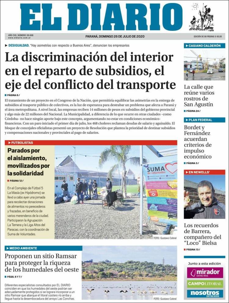 Portada de El Diario de Paraná (Argentina)