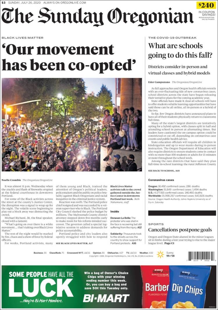 Portada de The Oregonian (USA)