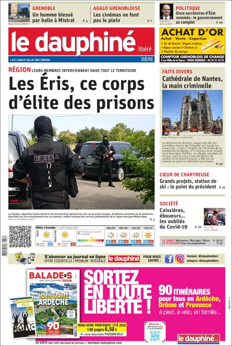 Portada de Le Dauphiné Libéré (Francia)