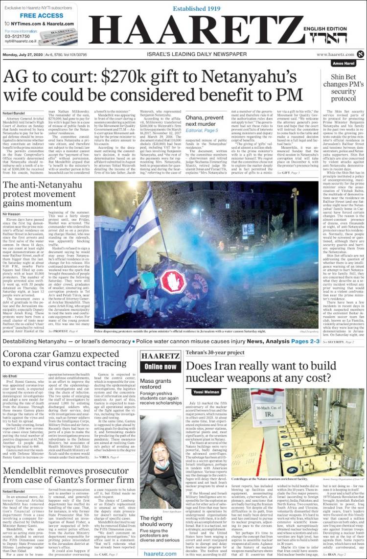 Portada de Haaretz (Israel)