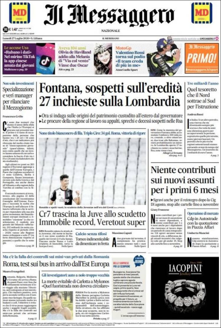 Portada de Il Messaggero (Italia)