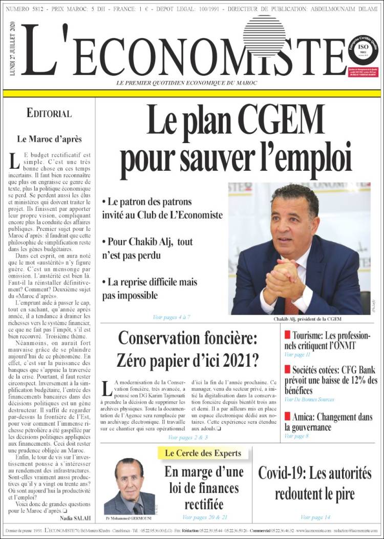 Portada de L'Economiste (Marruecos)
