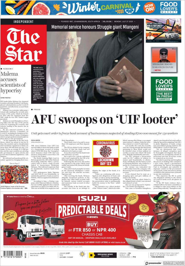 Portada de The Star (Sud&aacute;frica)