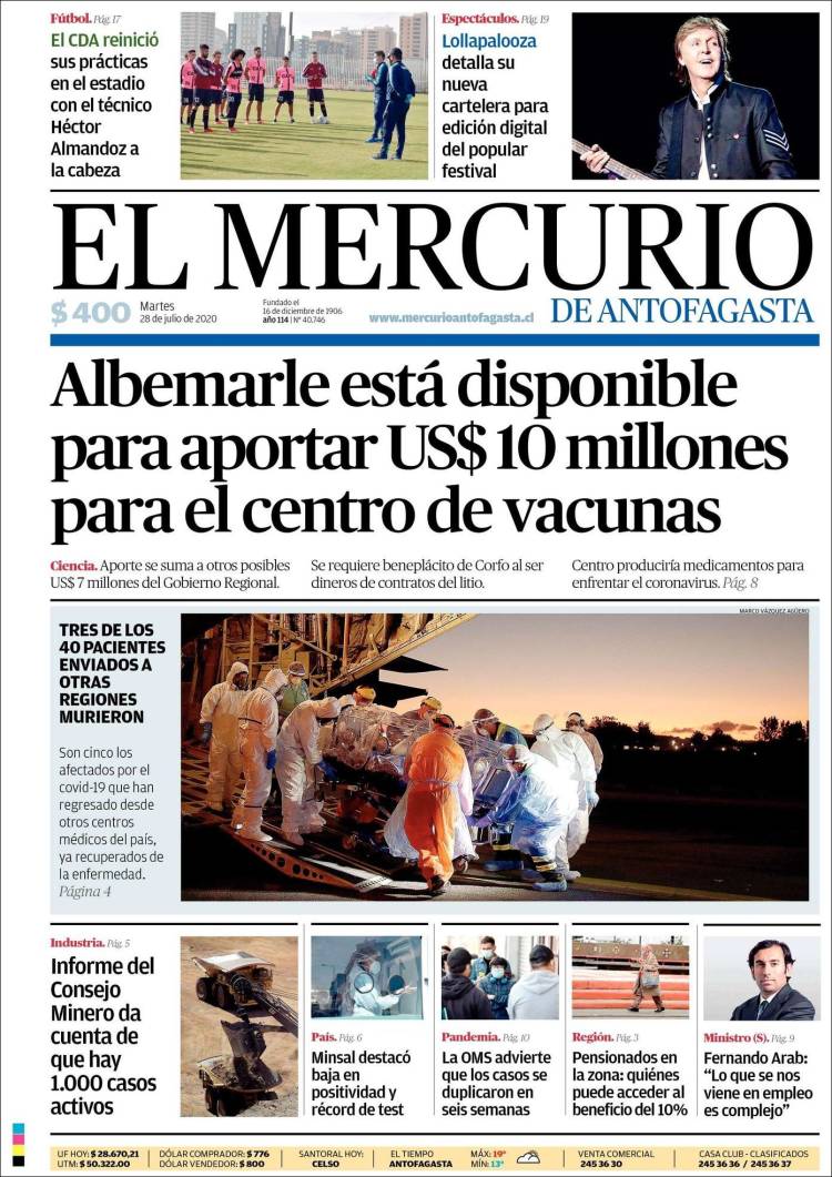Portada de El Mercurio de Antofagasta (Chile)