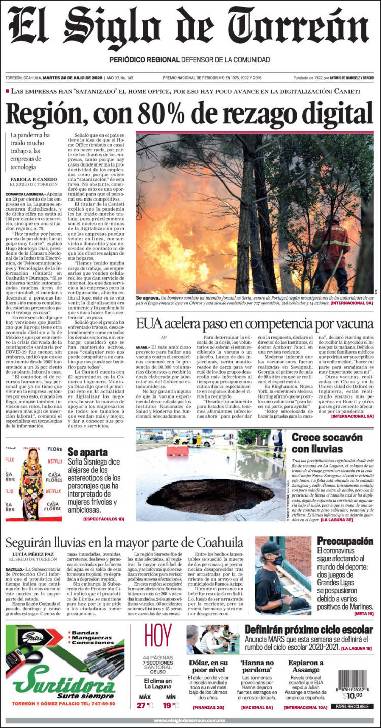 Portada de El Siglo de Torreon (México)