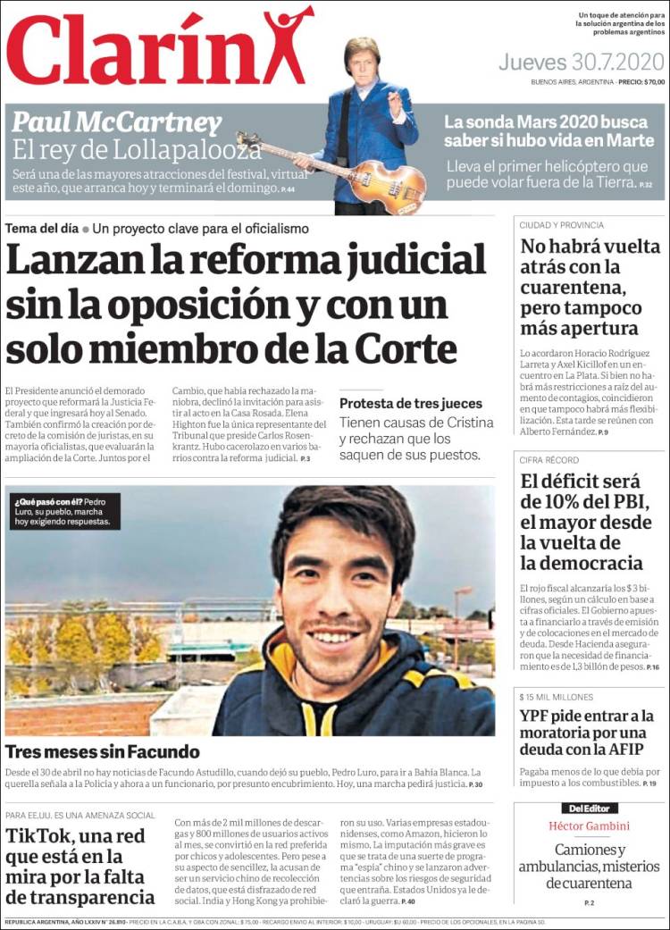 Portada de Clarín (Argentina)