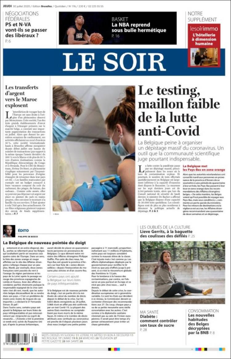 Portada de Le Soir (B&eacute;lgica)