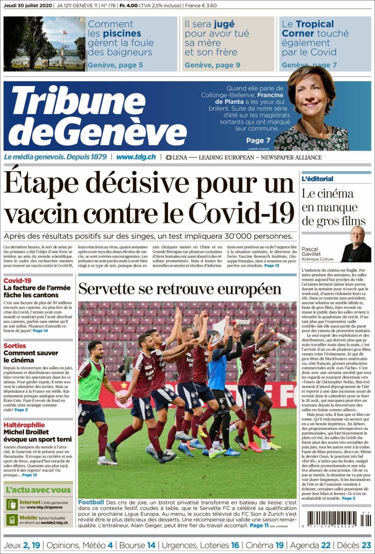 Portada de La Tribune de Genève (Suiza)