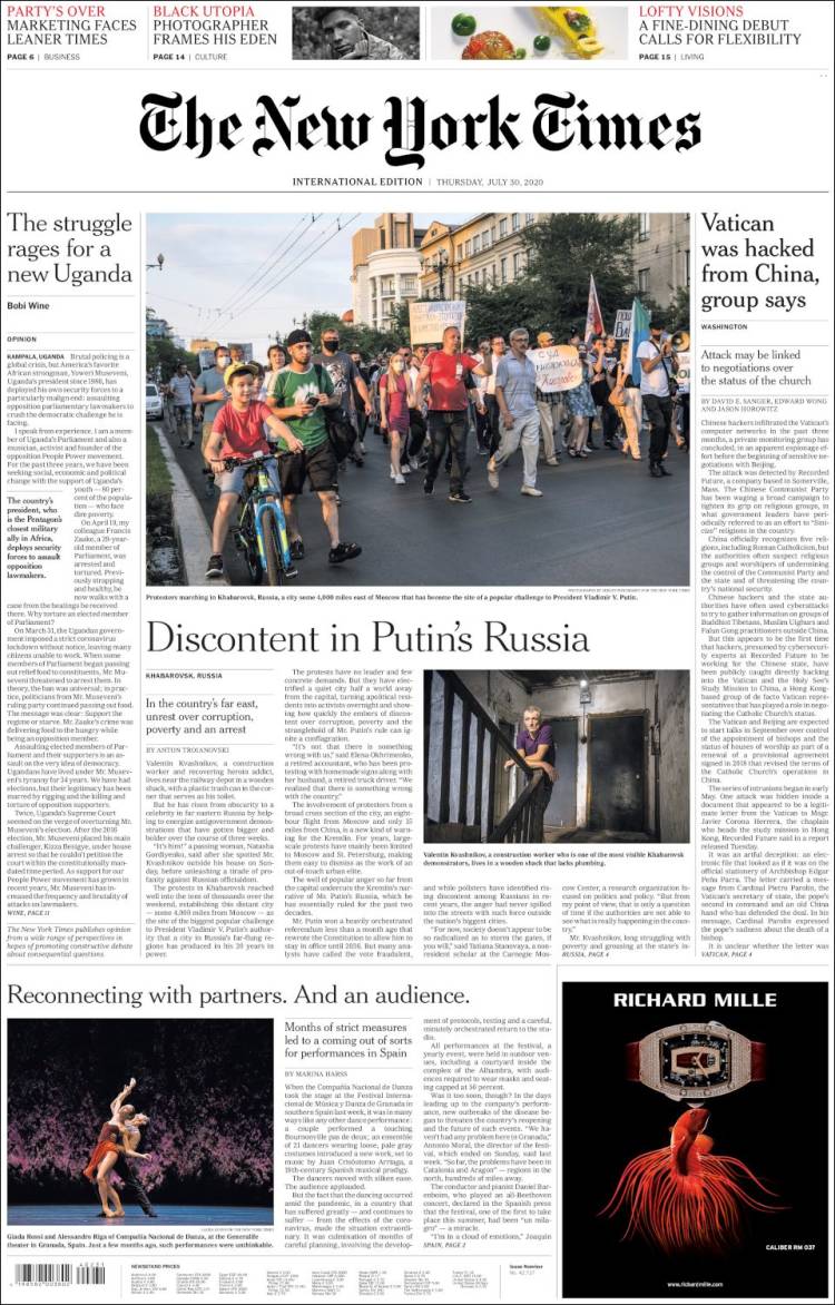 Portada de International New York Times (Europa)