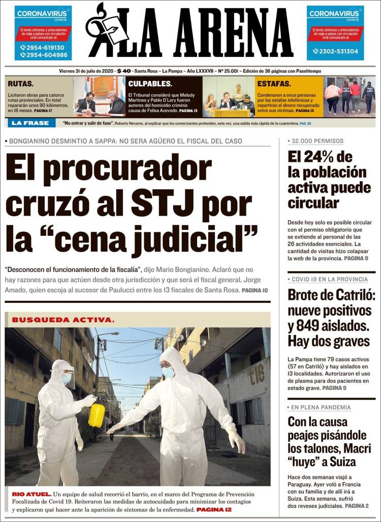 Portada de Diario La Arena (Argentina)