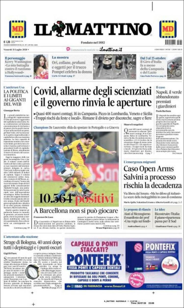 Portada de Il Mattino (Italia)