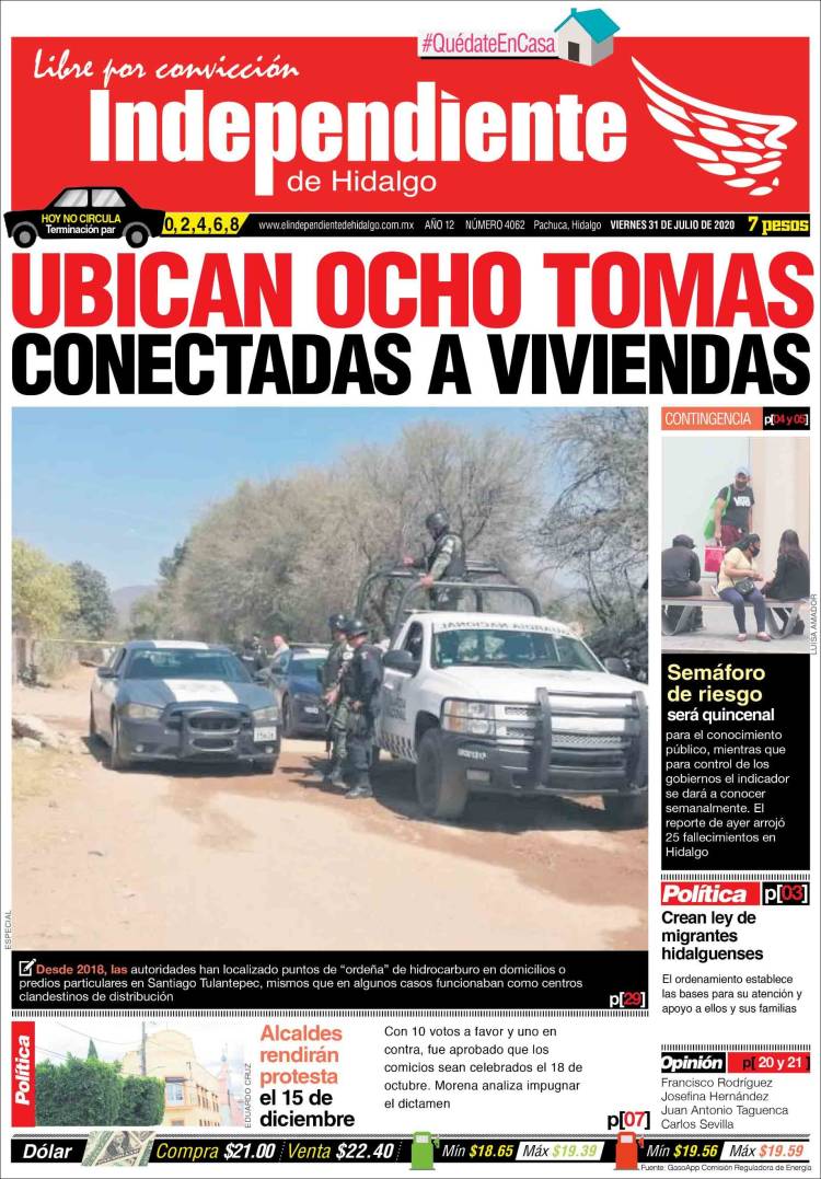 Portada de El Independiente de Hidalgo (M&eacute;xico)