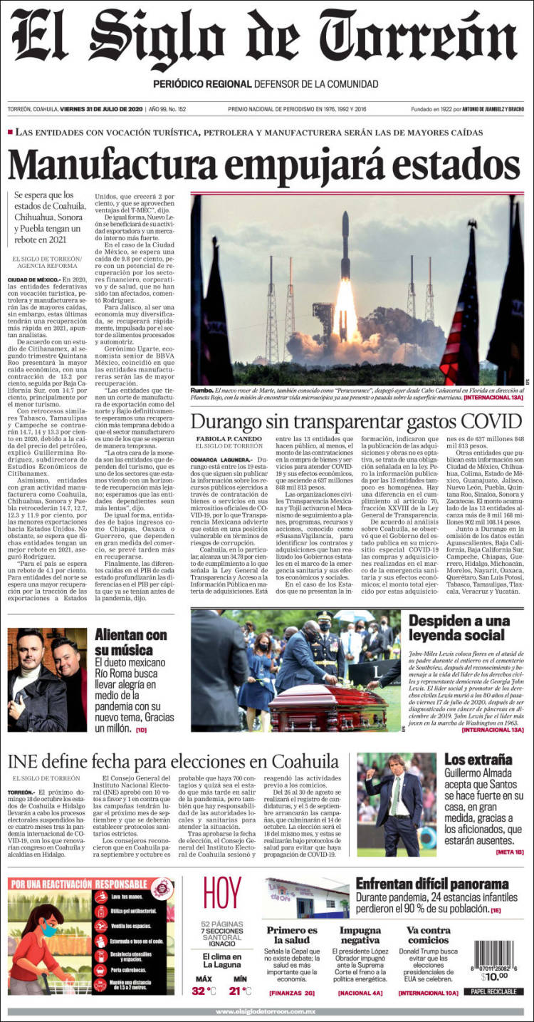 Portada de El Siglo de Torreon (M&eacute;xico)