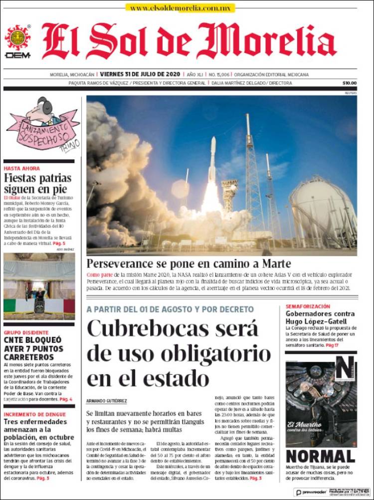 Portada de El Sol de Morelia (M&eacute;xico)