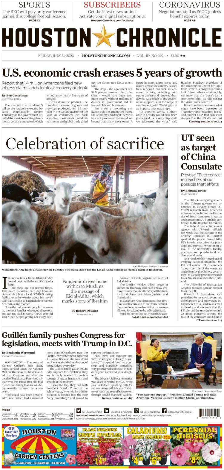 Portada de Houston Chronicle (USA)