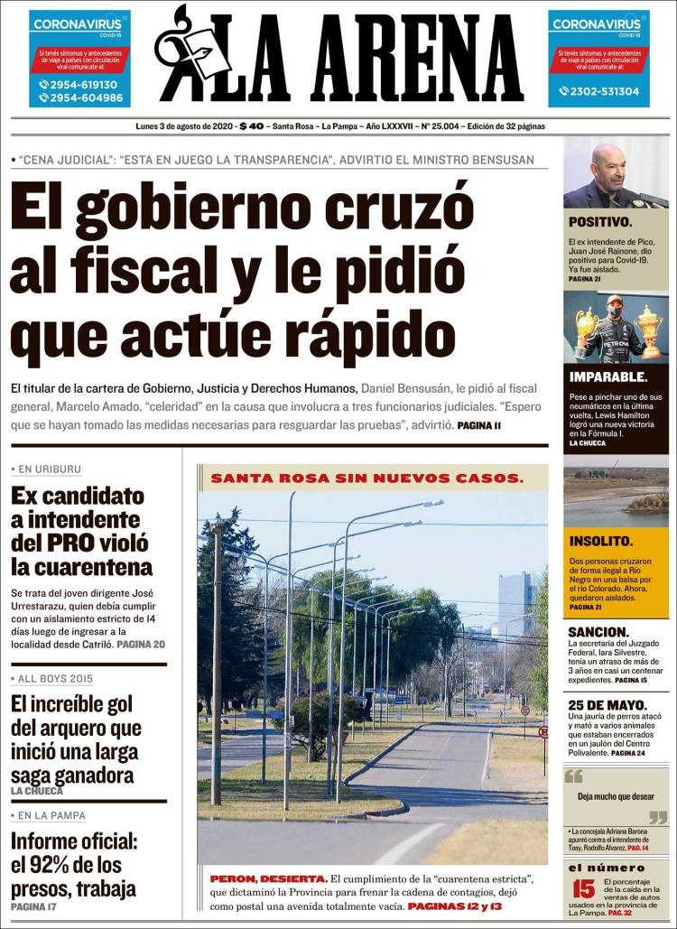 Portada de Diario La Arena (Argentina)