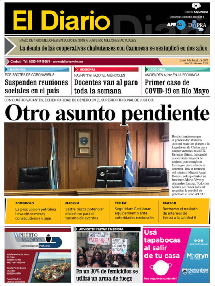 Portada de El Diario de Madryn (Argentina)