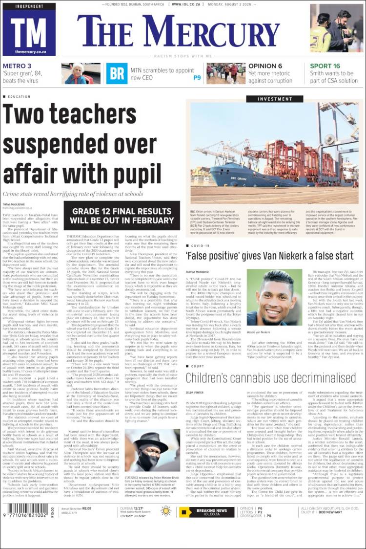 Portada de The Mercury (Sud&aacute;frica)