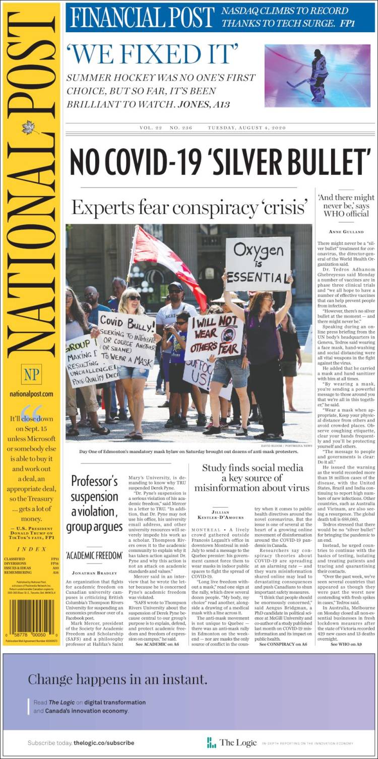 Portada de The National Post (Canadá)