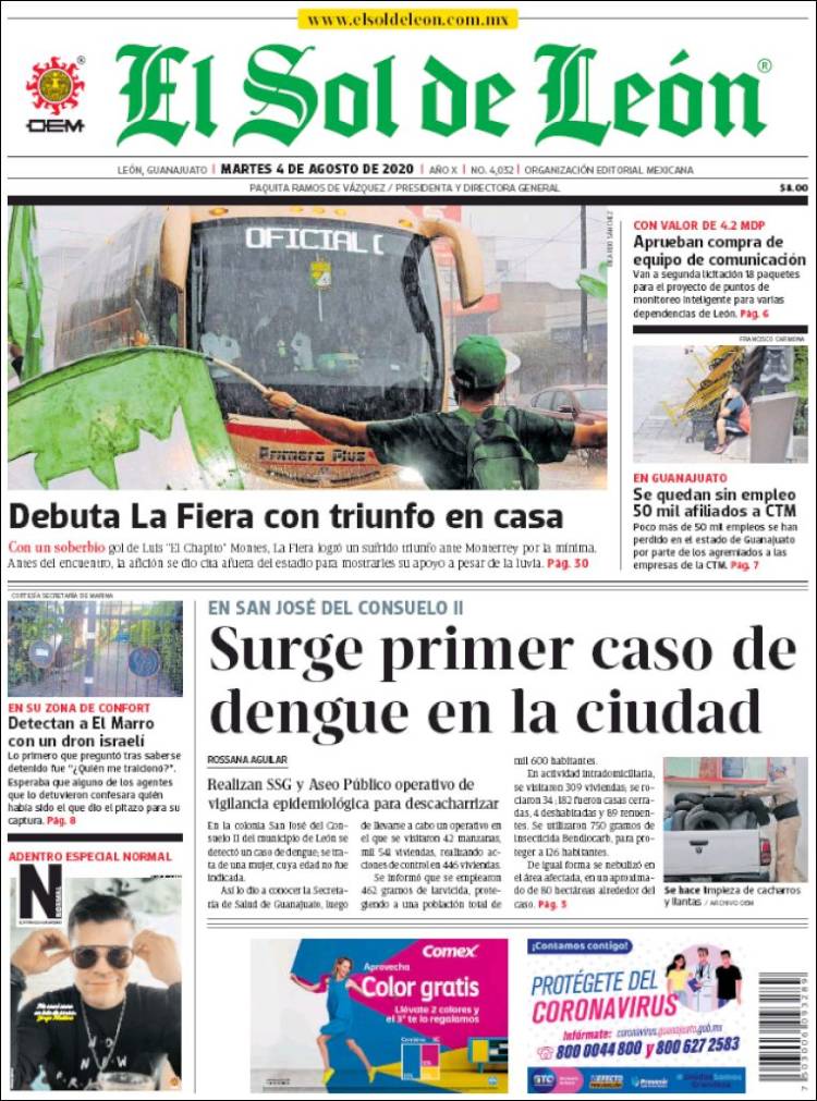 Newspaper El Sol de León (Mexico). Newspapers in Mexico. Tuesday's edition,  August 4 of 2020. 