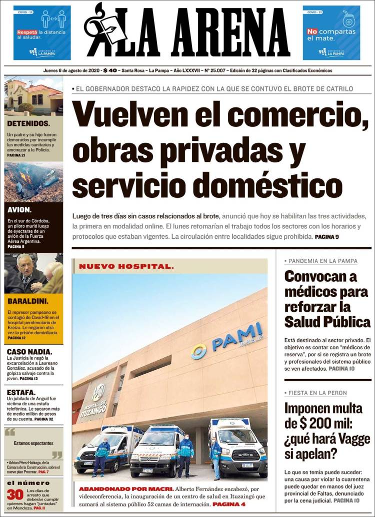 Portada de Diario La Arena (Argentina)