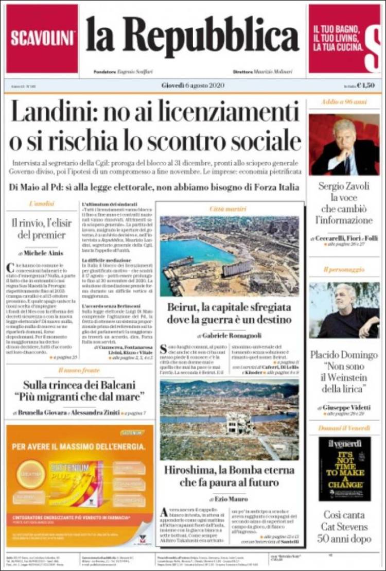 Portada de La Repubblica (Italia)