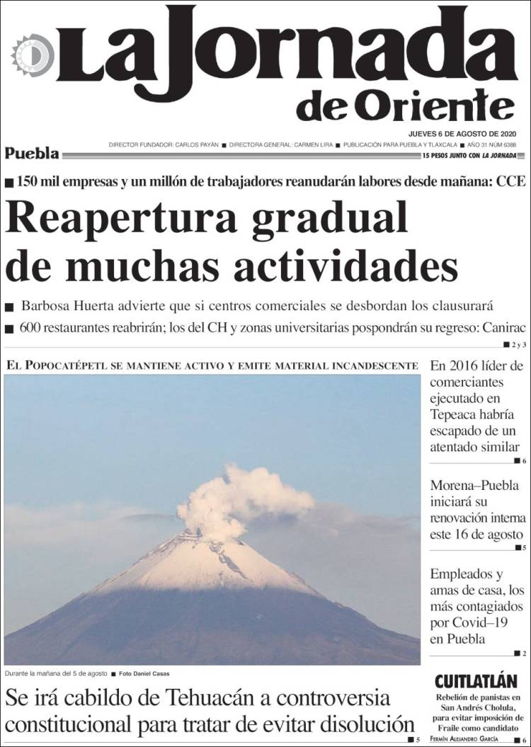 Portada de La Jornada de Oriente - Puebla (M&eacute;xico)