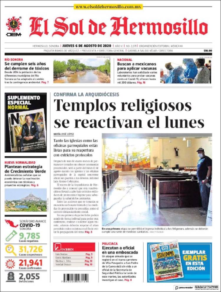 Portada de El Sol de Hermosillo (M&eacute;xico)