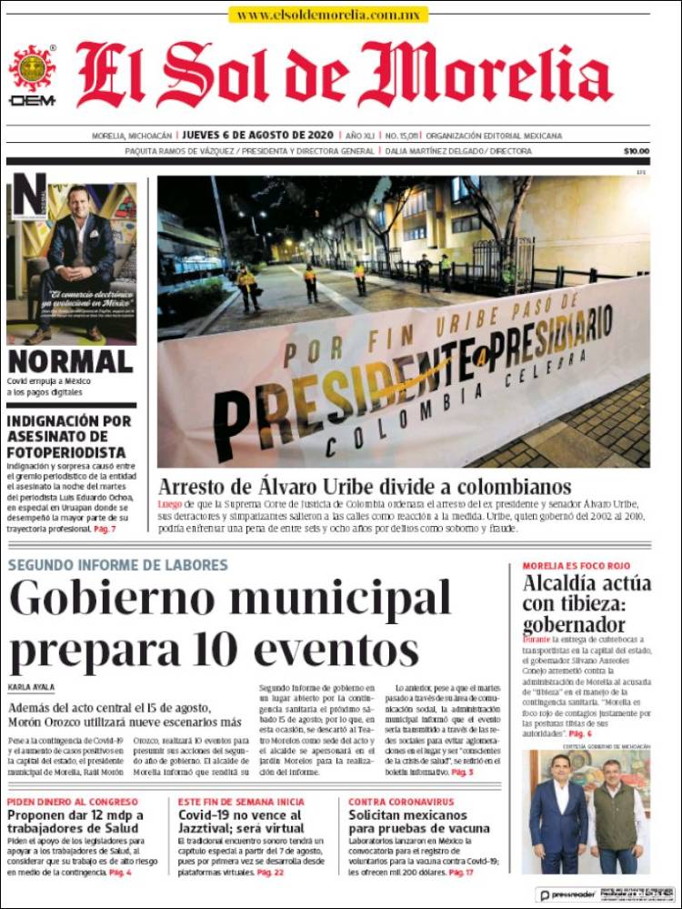 Portada de El Sol de Morelia (M&eacute;xico)