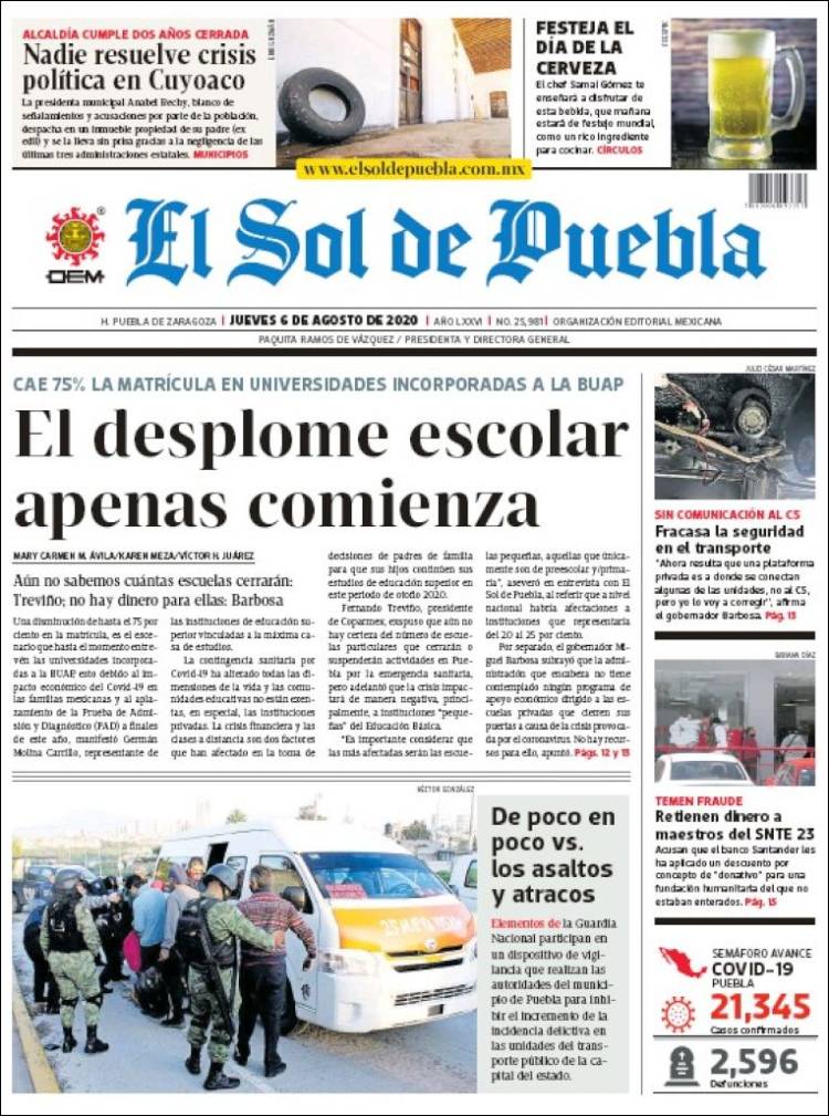 Portada de El Sol de Puebla (M&eacute;xico)
