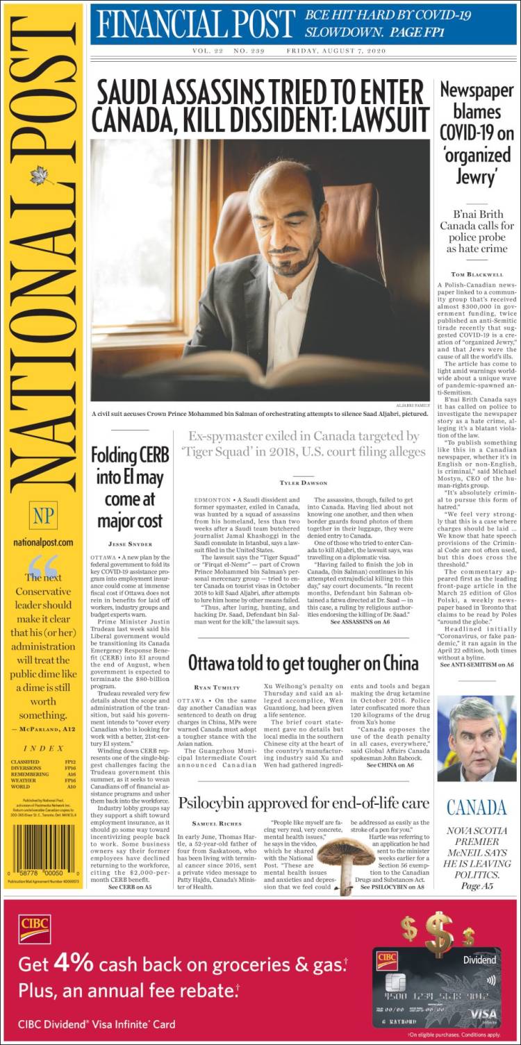 Portada de The National Post (Canadá)