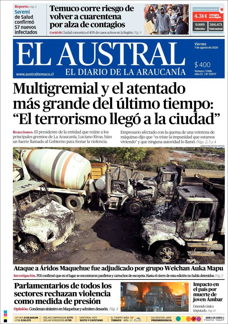 Portada de El Austral de Temuco (Chile)
