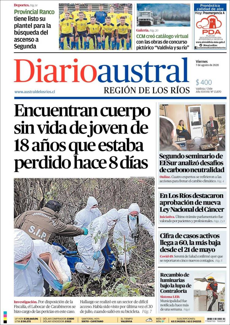 Portada de El Diario Austral de Valdivia (Chile)