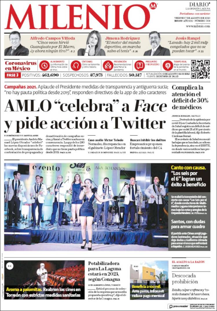 Portada de Milenio - Laguna (México)