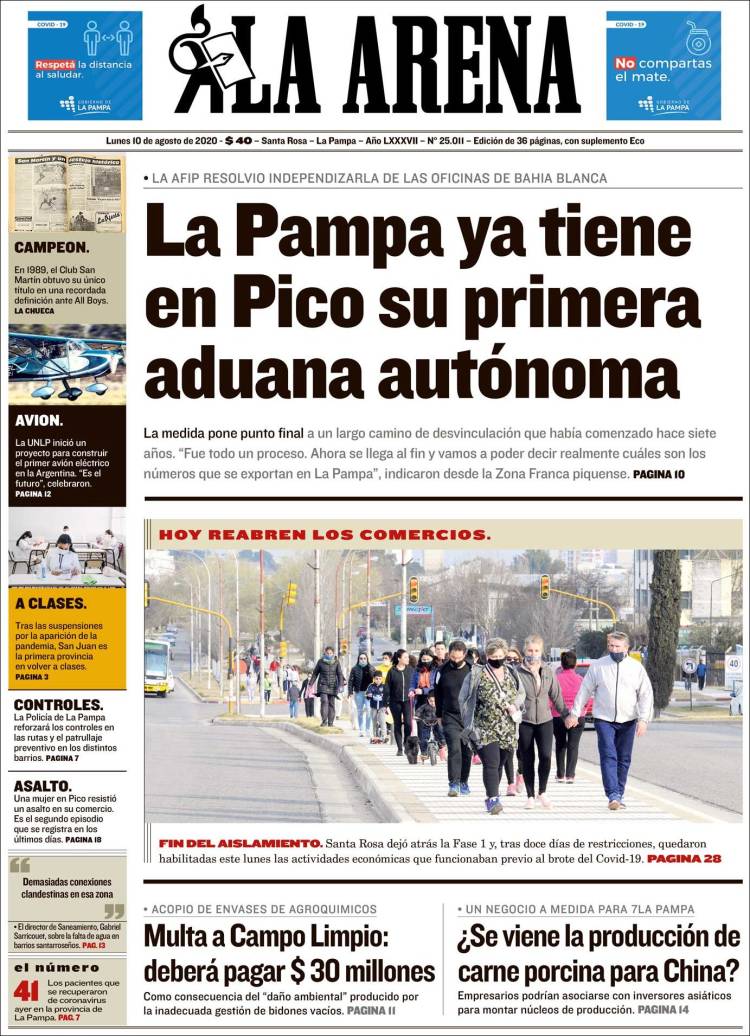 Portada de Diario La Arena (Argentina)