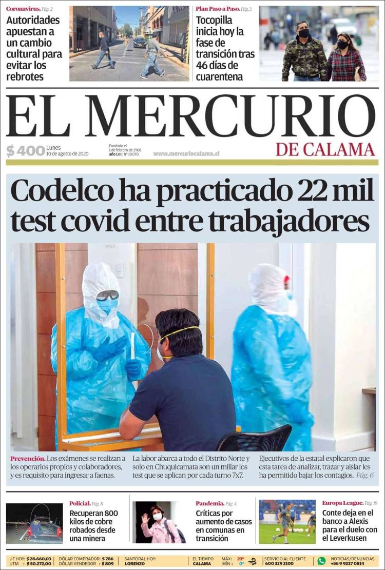 Portada de El Mercurio - Calama (Chile)