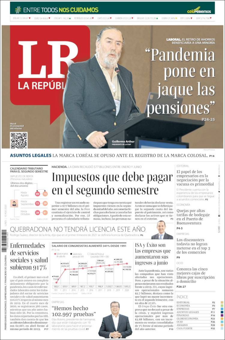 Portada de La Republica (Colombia)