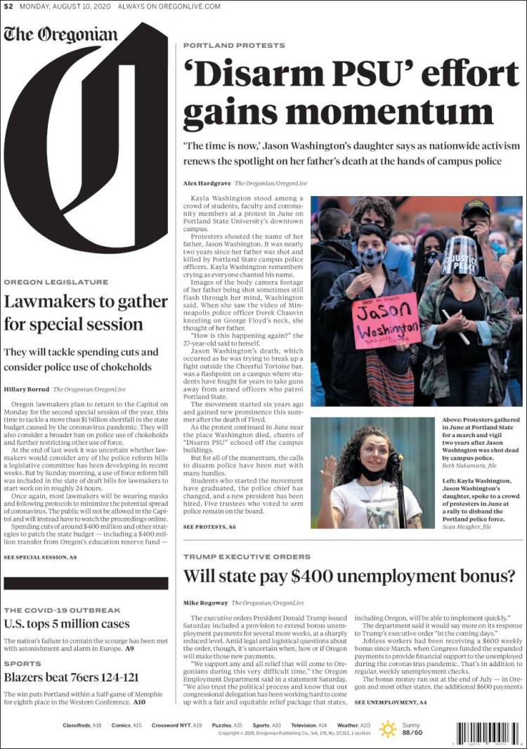 Portada de The Oregonian (USA)