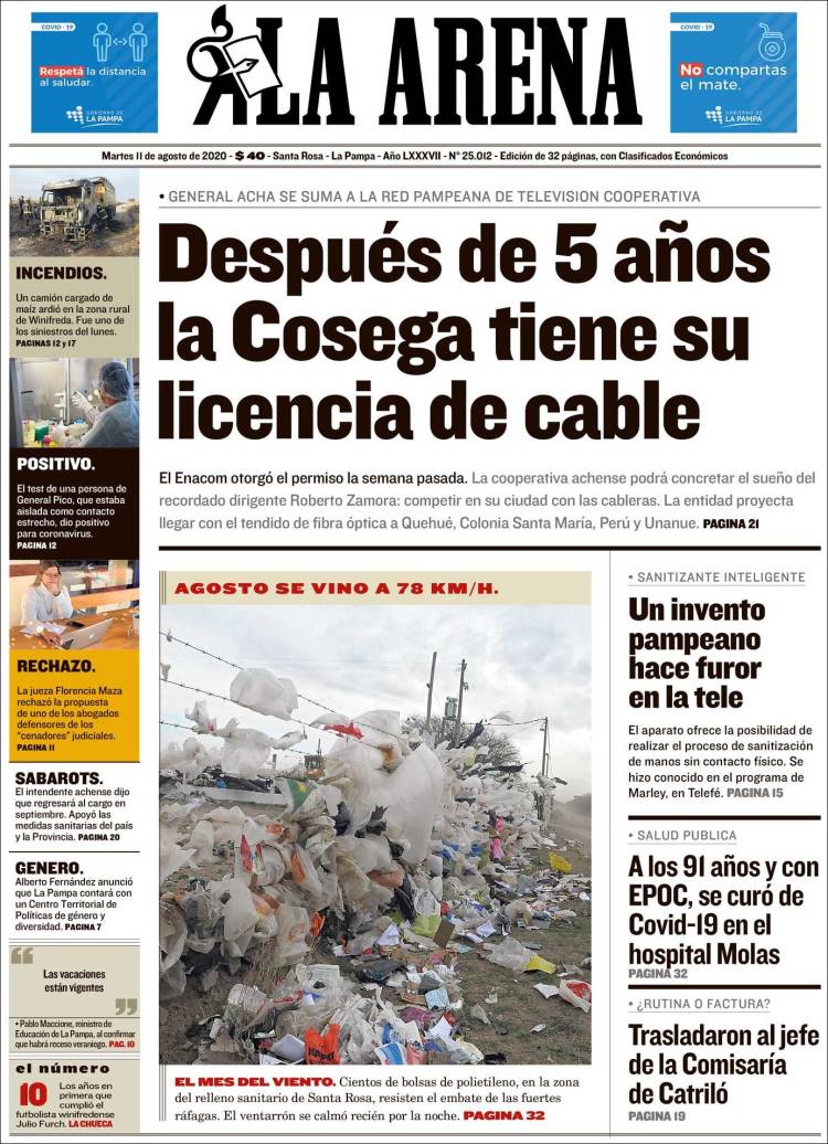 Portada de Diario La Arena (Argentina)