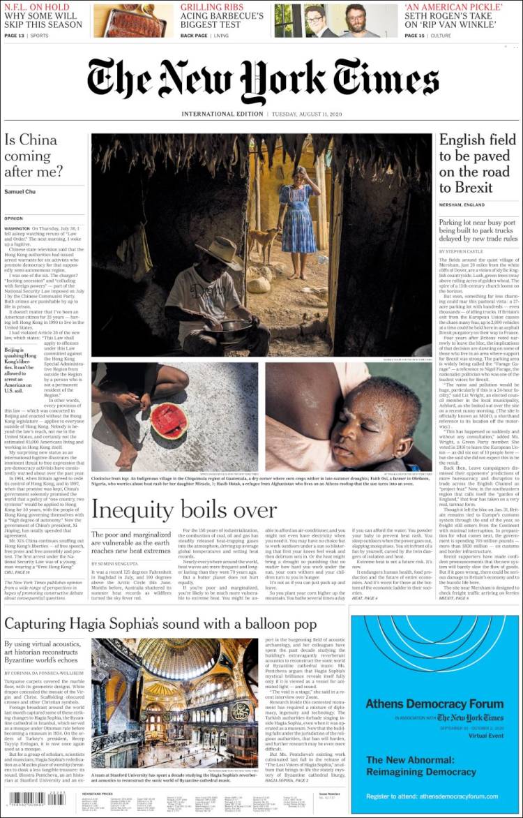 Portada de International New York Times (Europa)