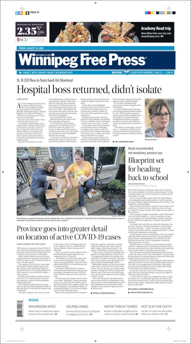 Portada de Winnipeg Free Press (Canada)