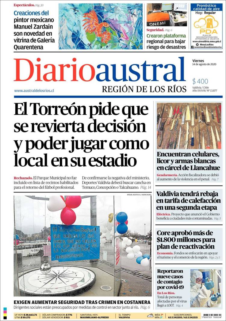 Portada de El Diario Austral de Valdivia (Chile)