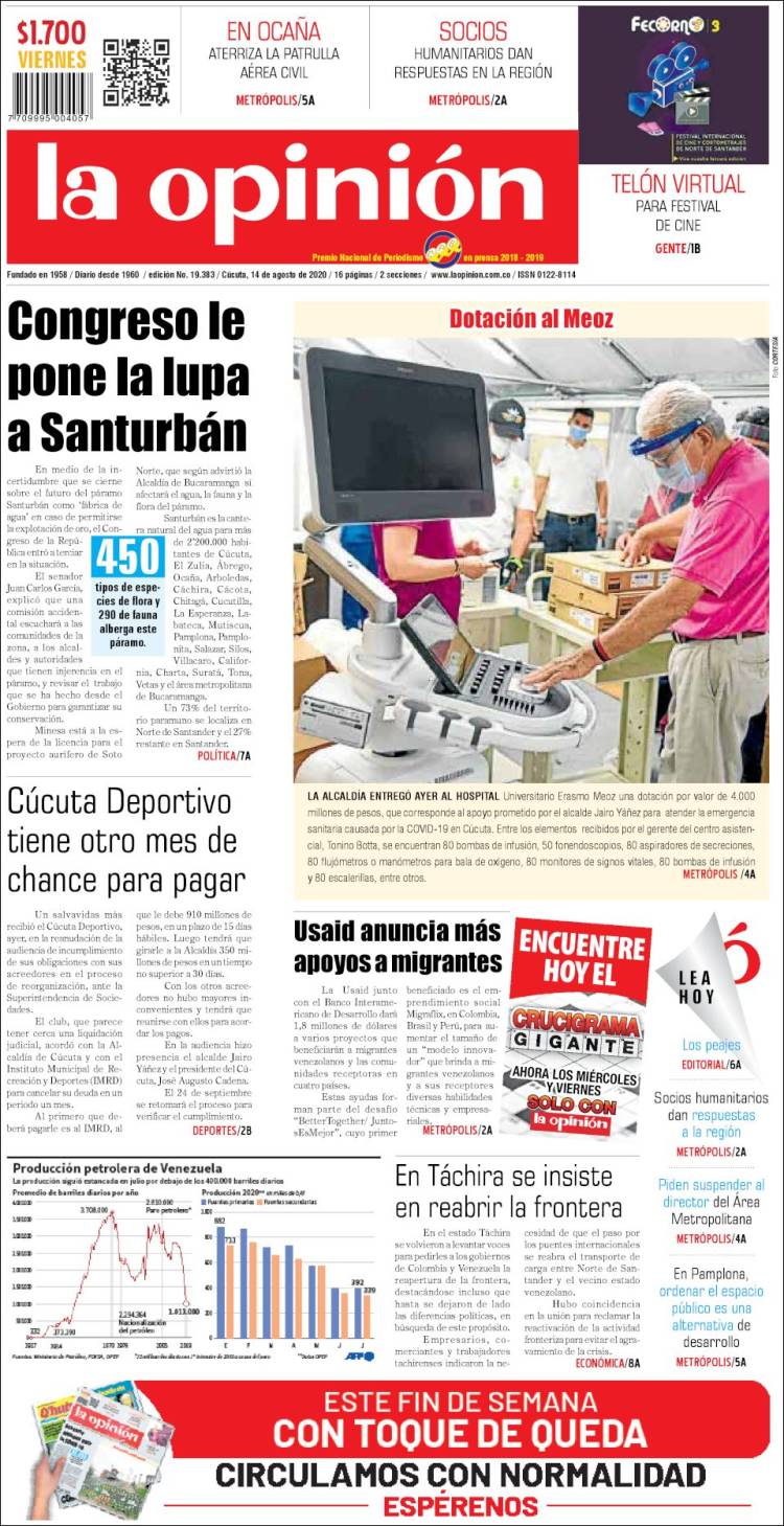 Portada de Diario La Opinion (Colombia)