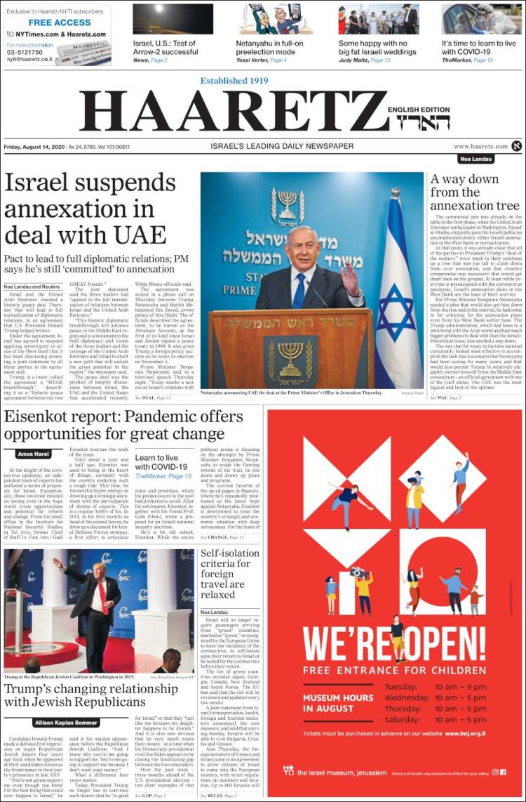 Portada de Haaretz (Israel)
