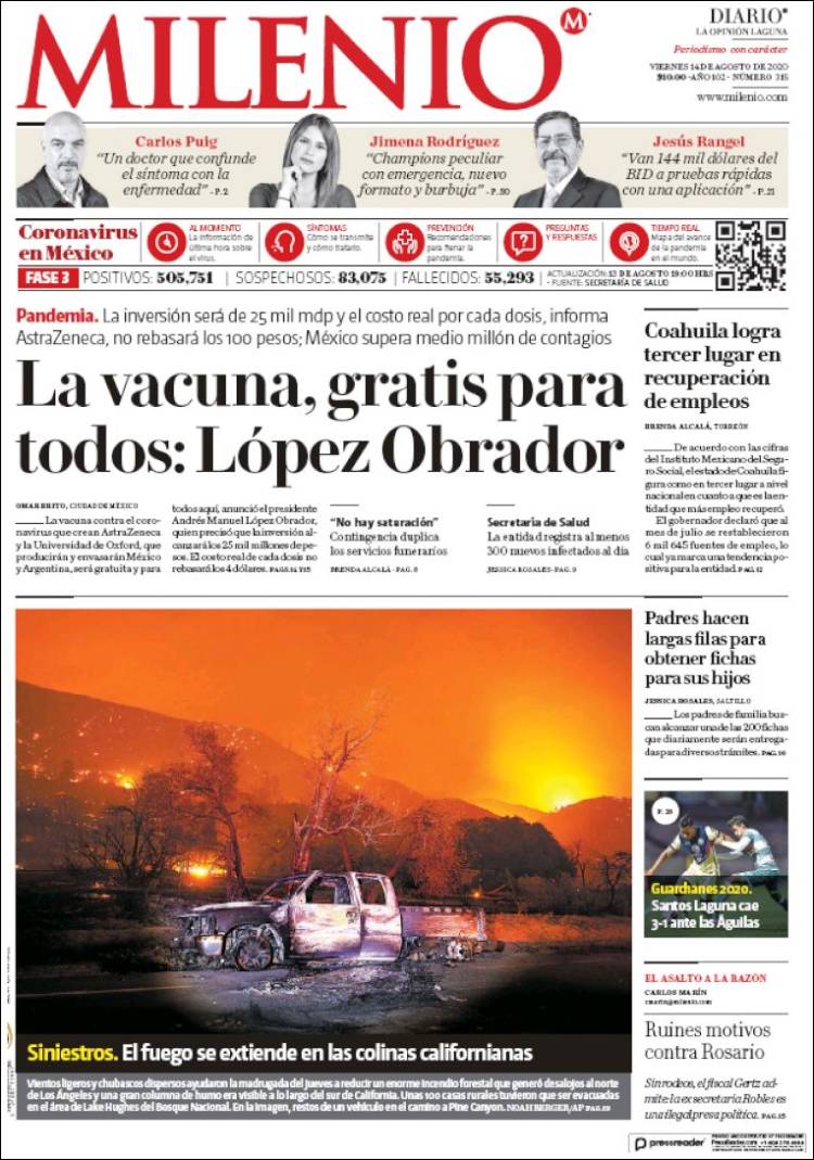 Portada de Milenio - Laguna (México)